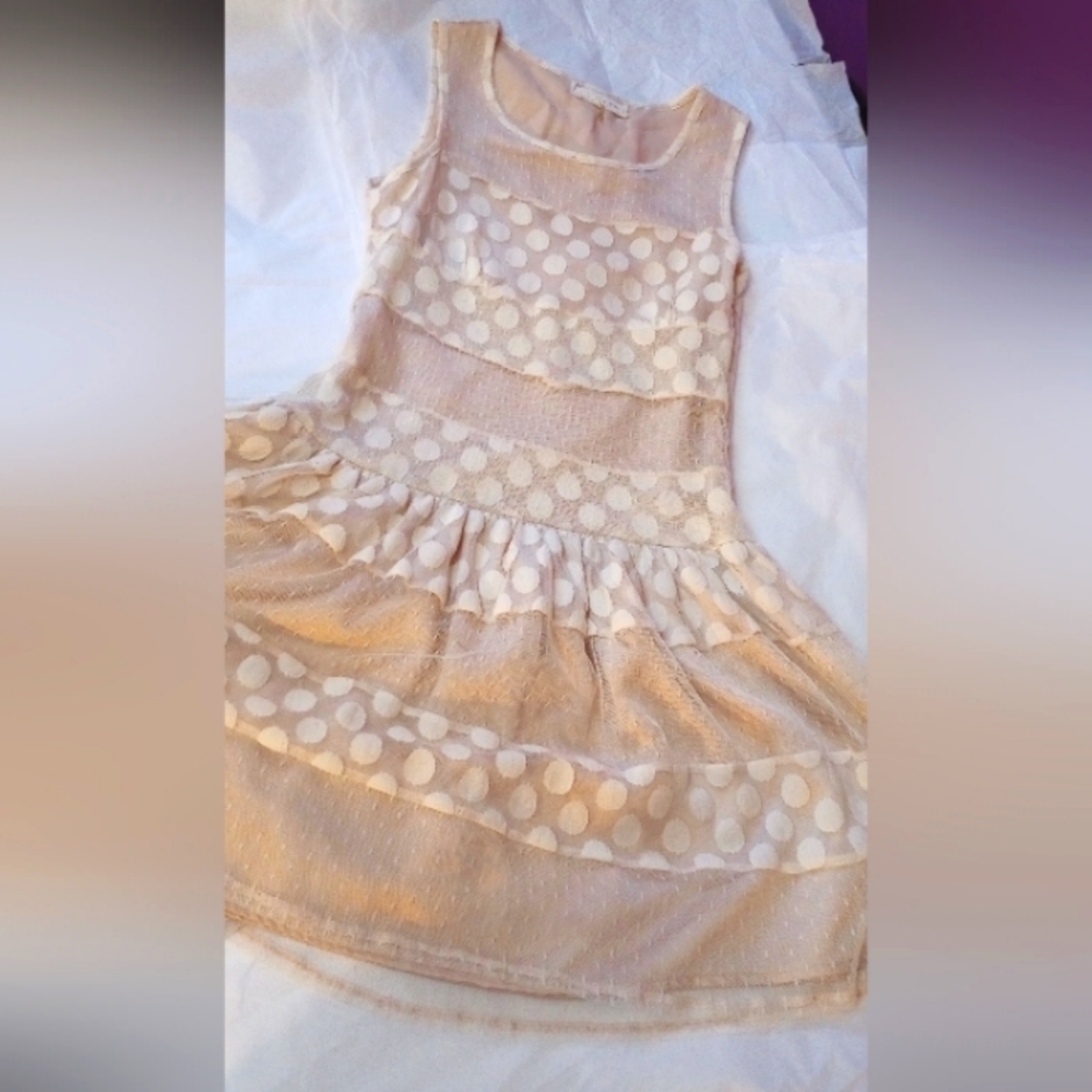 A'reve Dropped Waist sheer layered sleeveless dress. Crochet lace top layer. S